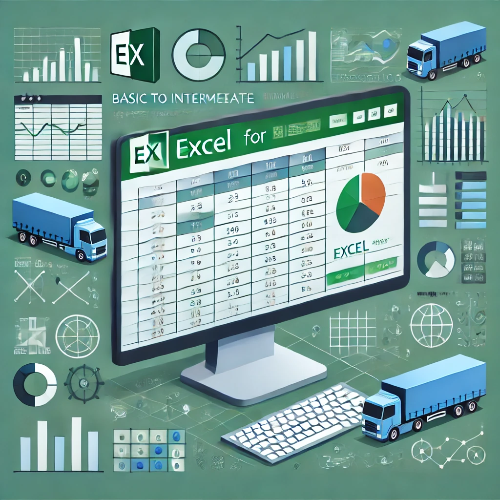 DALL·E 2024-09-16 10.49.27 – An image representing ‘MS Excel for Logistics (Basic to Intermediate)’. The image should feature a computer screen displaying a Microsoft Excel spread